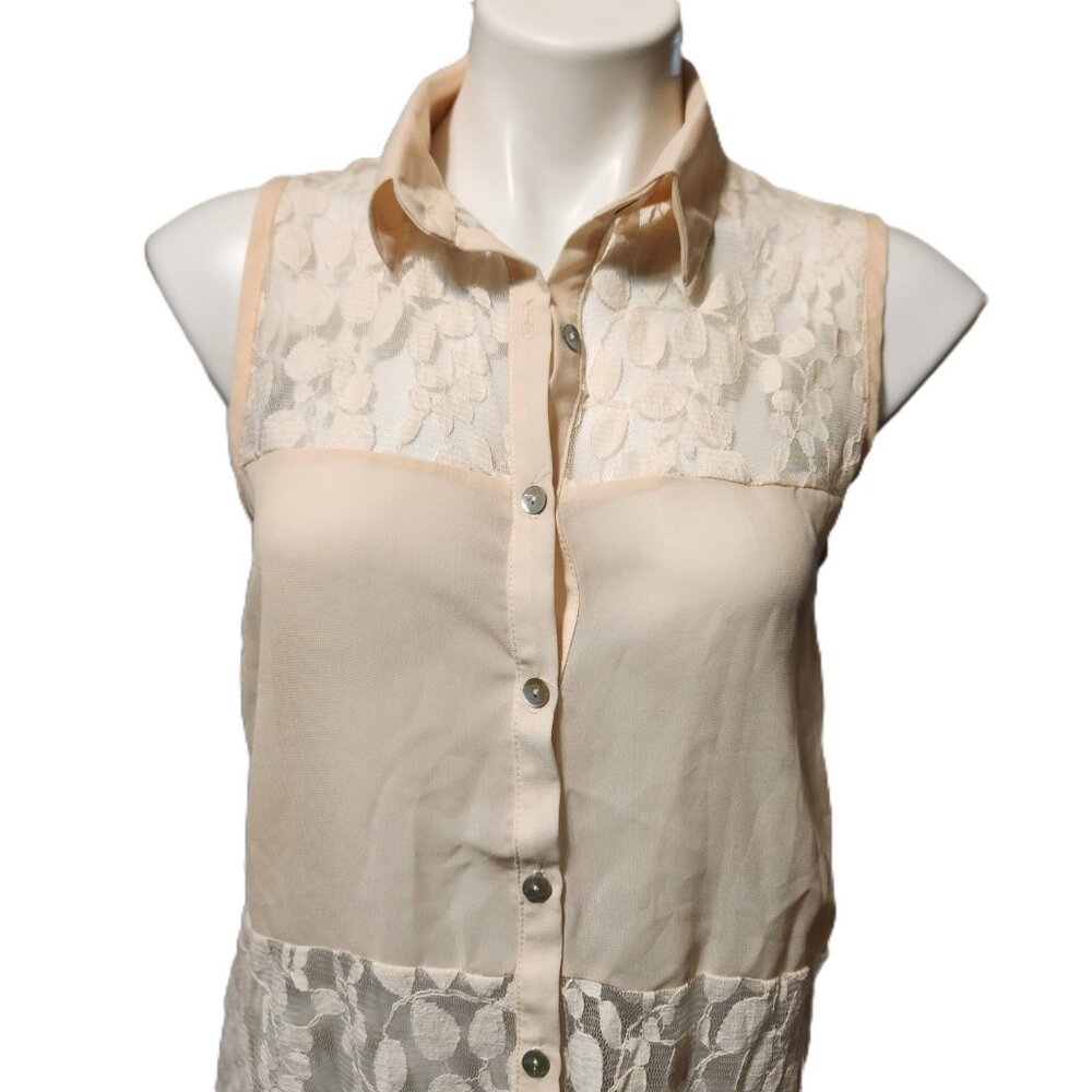 ❤️ 4/$20 NWT Event sleeveless top Women's medium button-up lace tank top Light - Picture 2 of 12